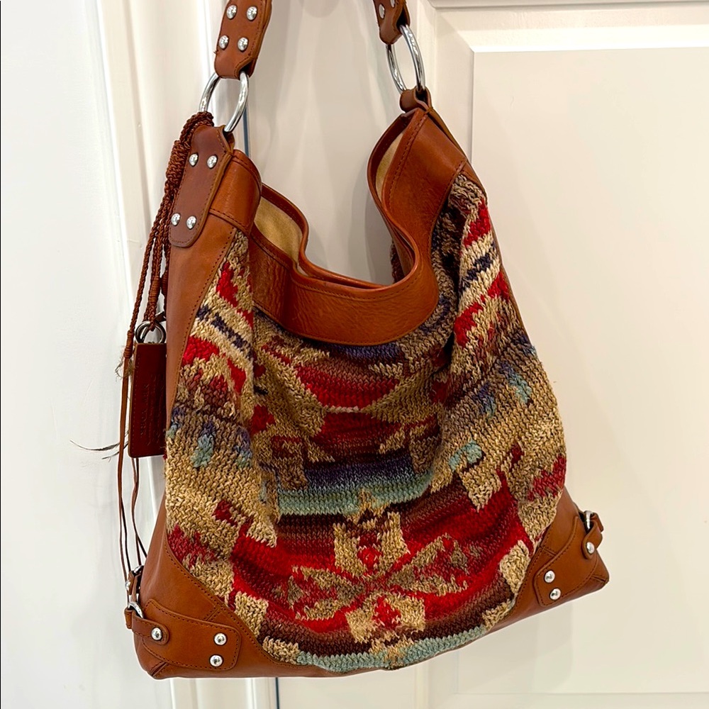 Ralph Lauren Bohemian Southwest Leather and Woven Tapestry Shoulder Bag